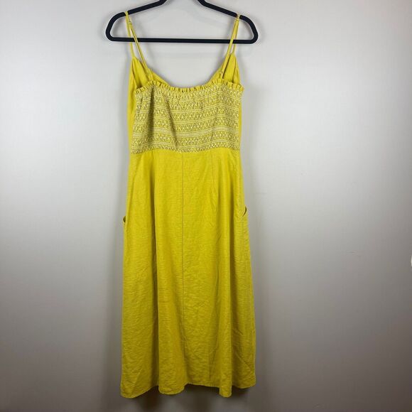 Lost Wonder Midi Dress Women's Medium Yellow Smocked Button Front Cut Out Beachy - Picture 2 of 9